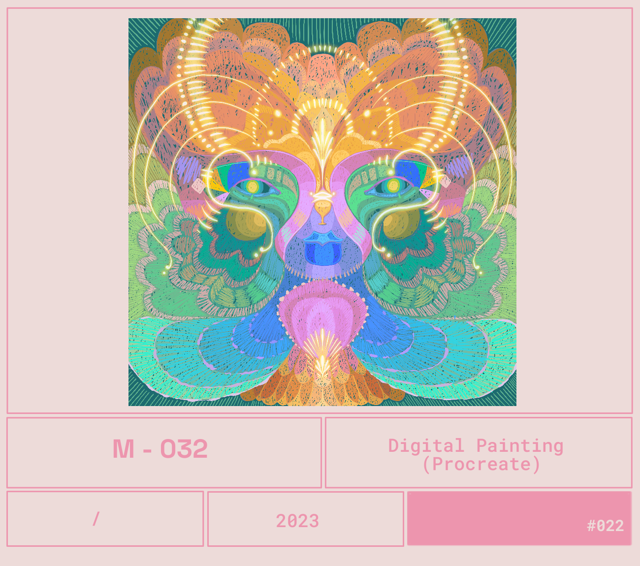 Una pintura digital colorida de un rostro humano con elementos abstractos y patrones que parecen plumas y luces, creado en Procreate.