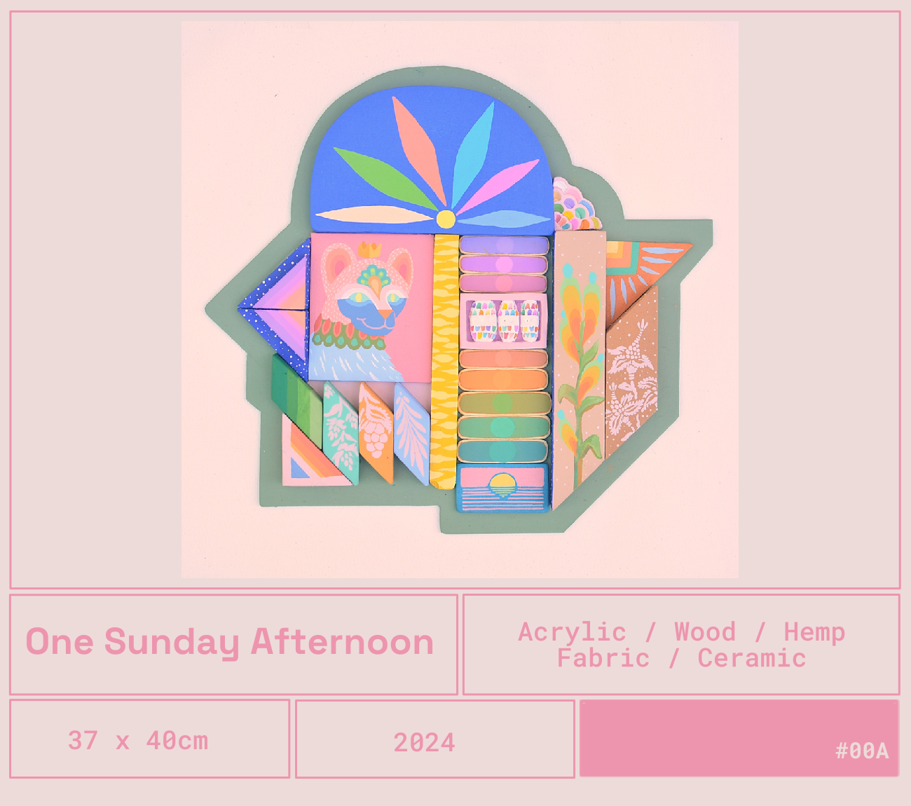 Una obra de arte colorida en formas geométricas y patrones, que representa temas florales y animales con colores pastel y vivos.