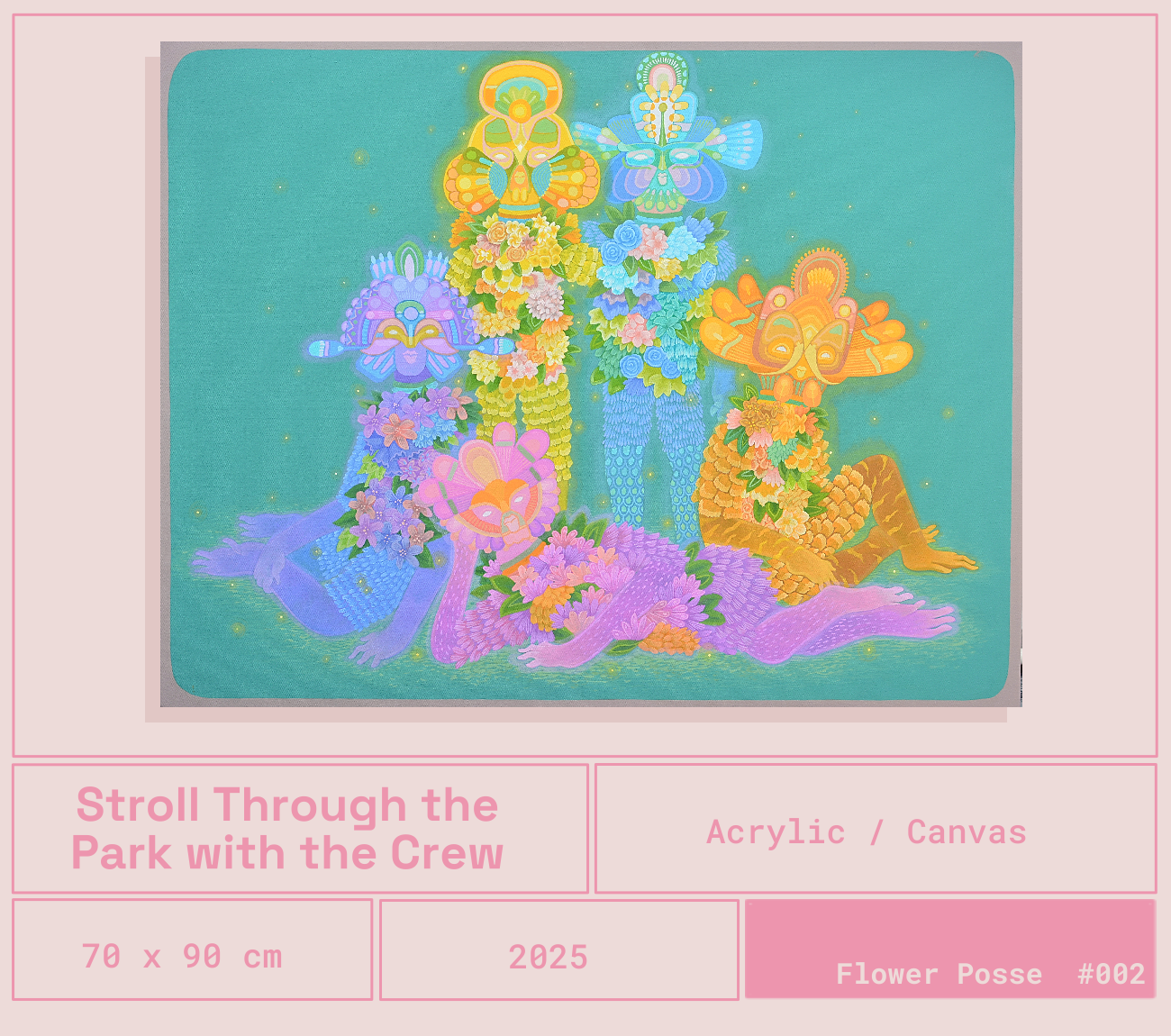 Cuatro jaguares de colores con alas, rodeados de flores, en un estilo artístico de acuarela y lienzo.