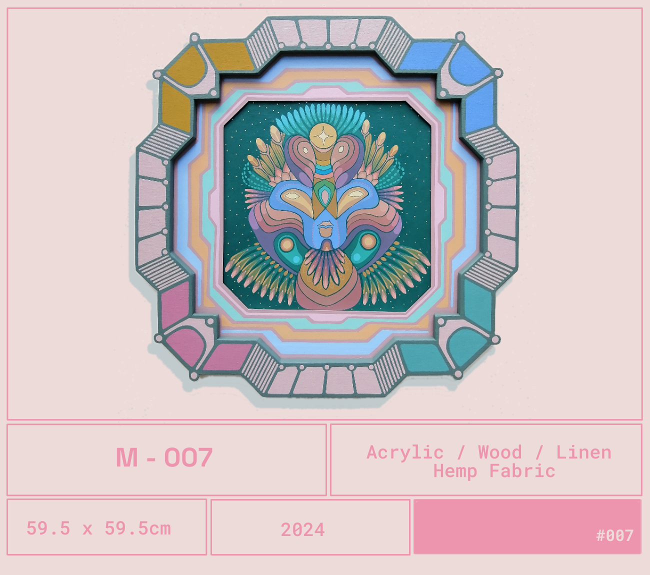 Obra del artista Mexicano Curiot. Arte abstracta con diseños coloridos y formas orgánicas enmarcadas en un borde decorativo,  código M-007, dimensiones 59.5 x 59.5cm, año 2024, y materiales acrílico, madera, lino y tela de cáñamo.