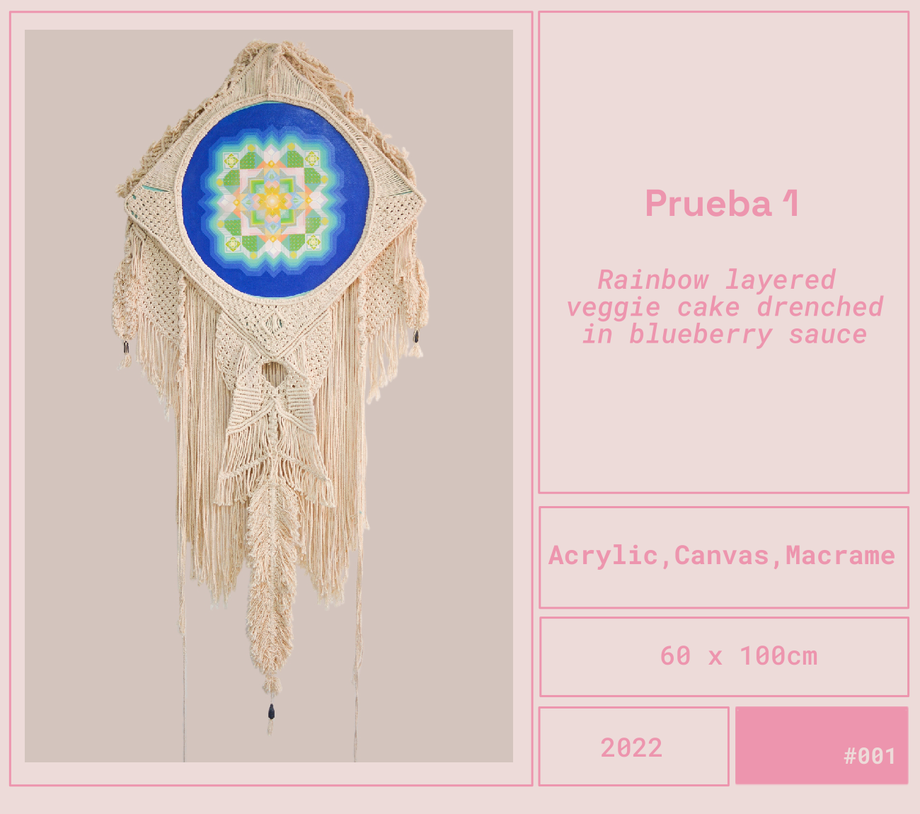 Obra del artista Mexicano Curiot Tlalpazotl. Cuadro decorativo hecho de acrílico, lienzo y macramé, con diseño de arcoíris en salsa de arándano, tamaño 60x100cm, creado en 2022. Colección Cocina