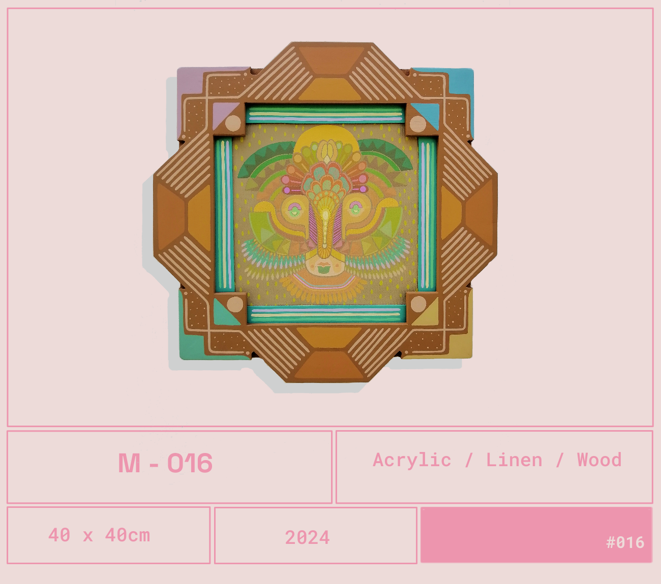 Cuadro decorativo con diseño de rostro de animal en estilo artístico, rodeado de marco de madera en forma de octágono con detalles geométricos. El material indicado es acrílico, lino y madera.