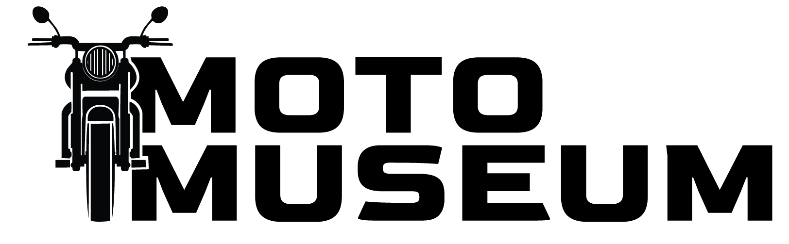 Black motorcycle front view with handlebars, headlight, and front wheel, on a plain background.