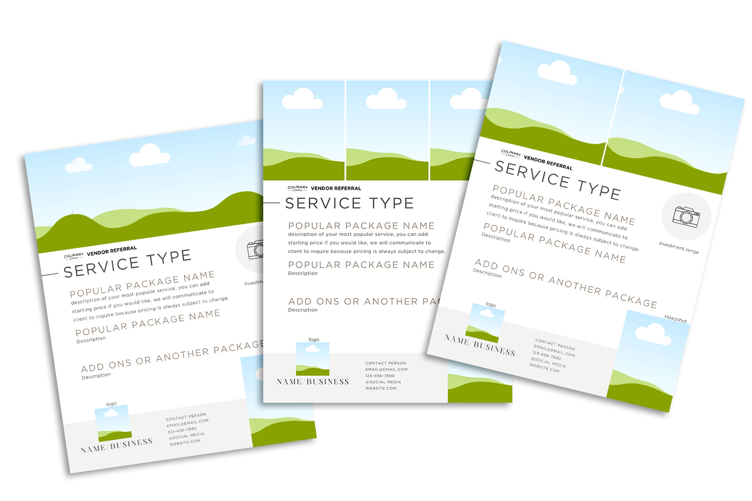 Three service flyers with a nature landscape background, including clouds, green hills, and a blue sky. Each flyer has space for service details, contact information, and a logo at the bottom.