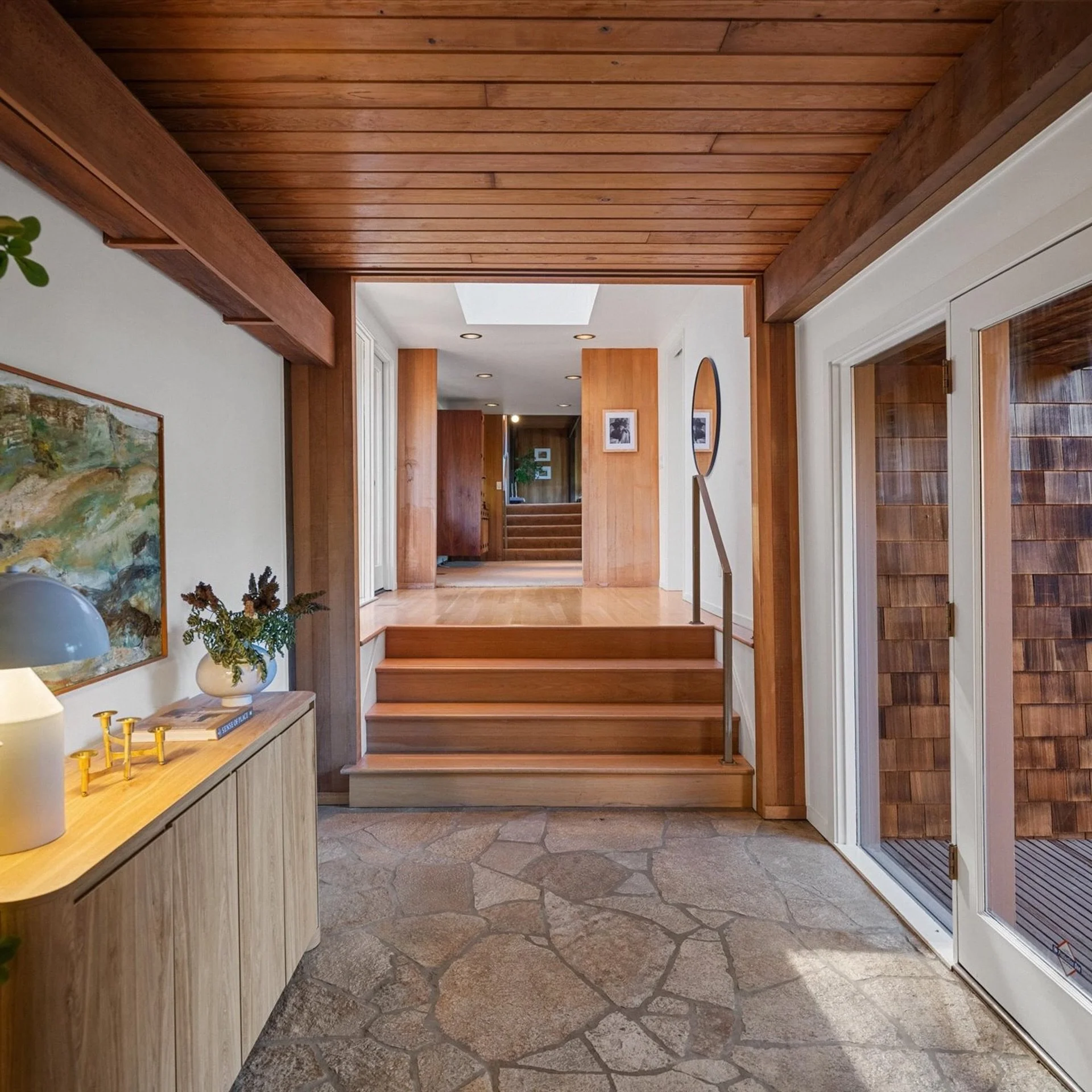 First time on the market. Built 1964. Designed by noted Pacific Northwest architect William Church, an early principal architect in the development of Sunriver.

3-inch-thick tongue-and-groove cedar, strong horizontal lines, warm wood, unexpected ang