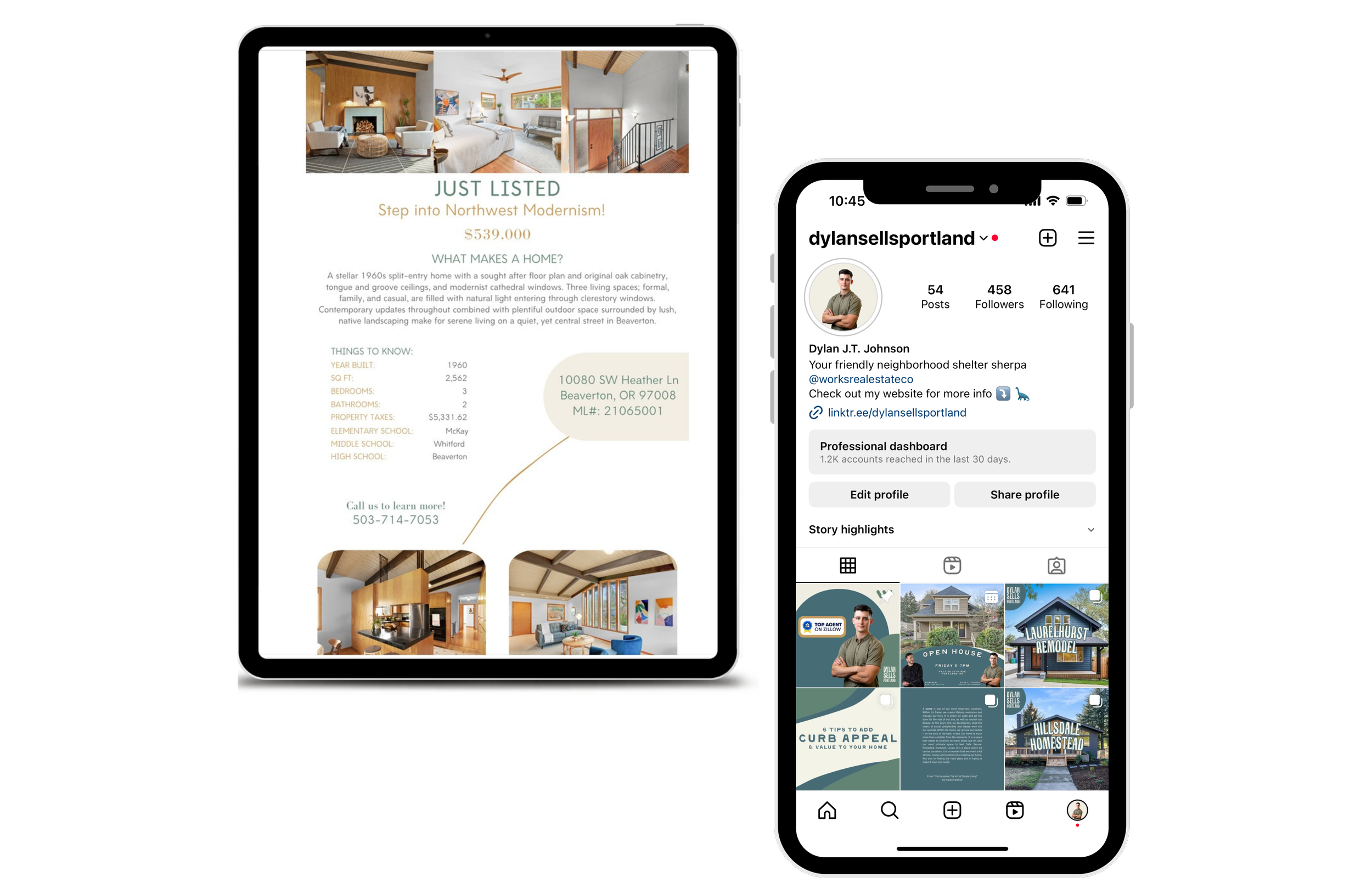 A tablet displaying a real estate listing for a home with a gallery of interior photos and property details; a smartphone showing an Instagram profile of a real estate agent named Dylan J.T. Johnson with profile details, follower count, and story highlights.