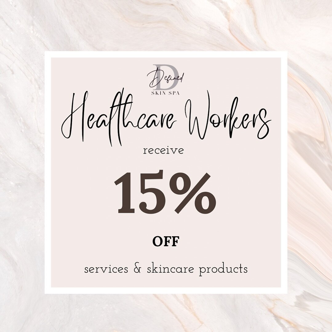 🌟 Calling all Healthcare Heroes! 🌟 

For a LIMITED TIME ONLY, enjoy 15% off services &amp; skincare products as our token of appreciation for your hard work and dedication. Treat yourself to some well-deserved pampering!💆&zwj;♀️💼
 
**Must book ap