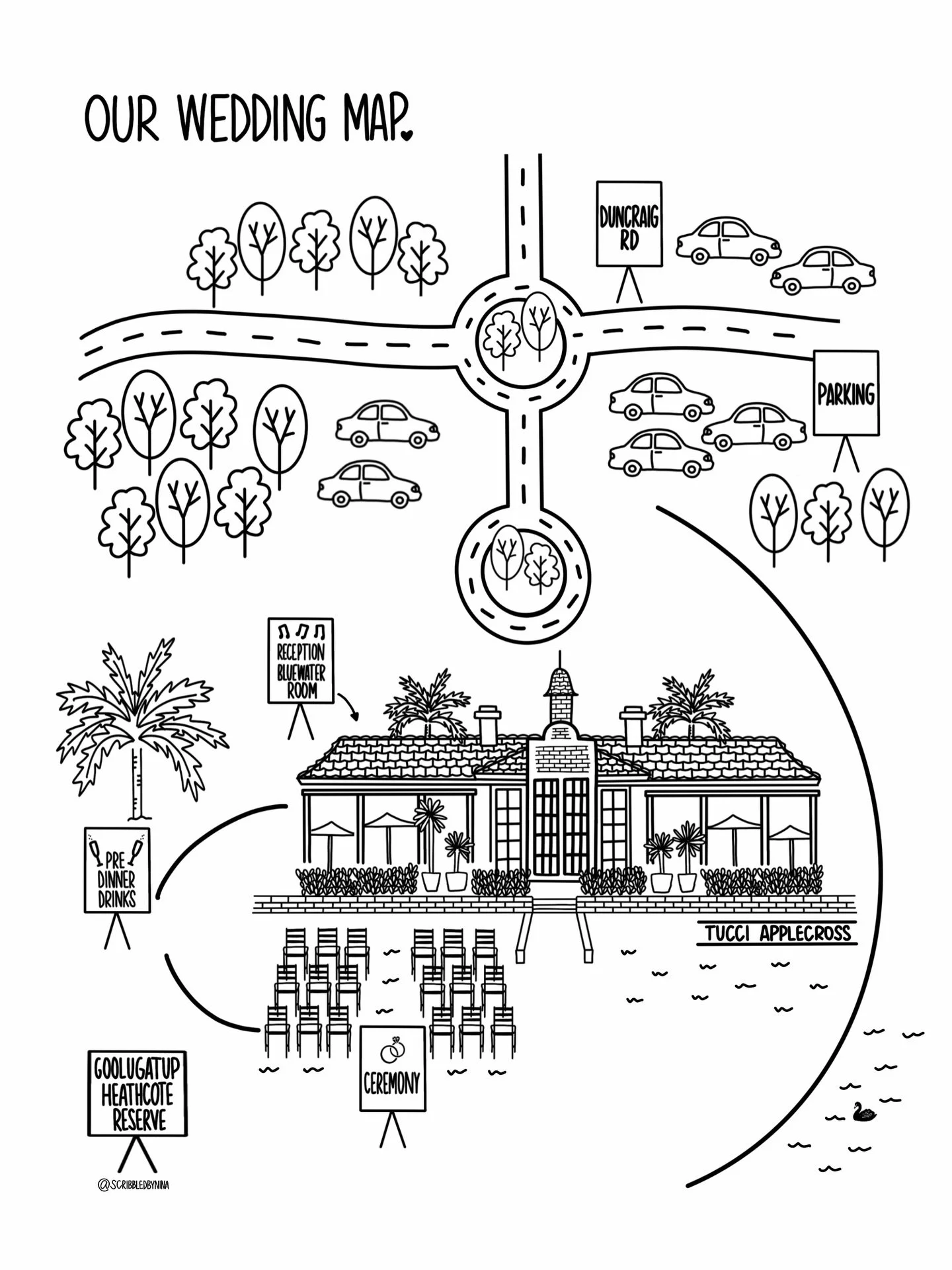 One of my favourite parts of scribbling is being invited into people&rsquo;s stories 📖

This venue guide - drawn by moi - will help the wedding guests find their way around the big day ensuring they don&rsquo;t get lost from the ceremony to the afte