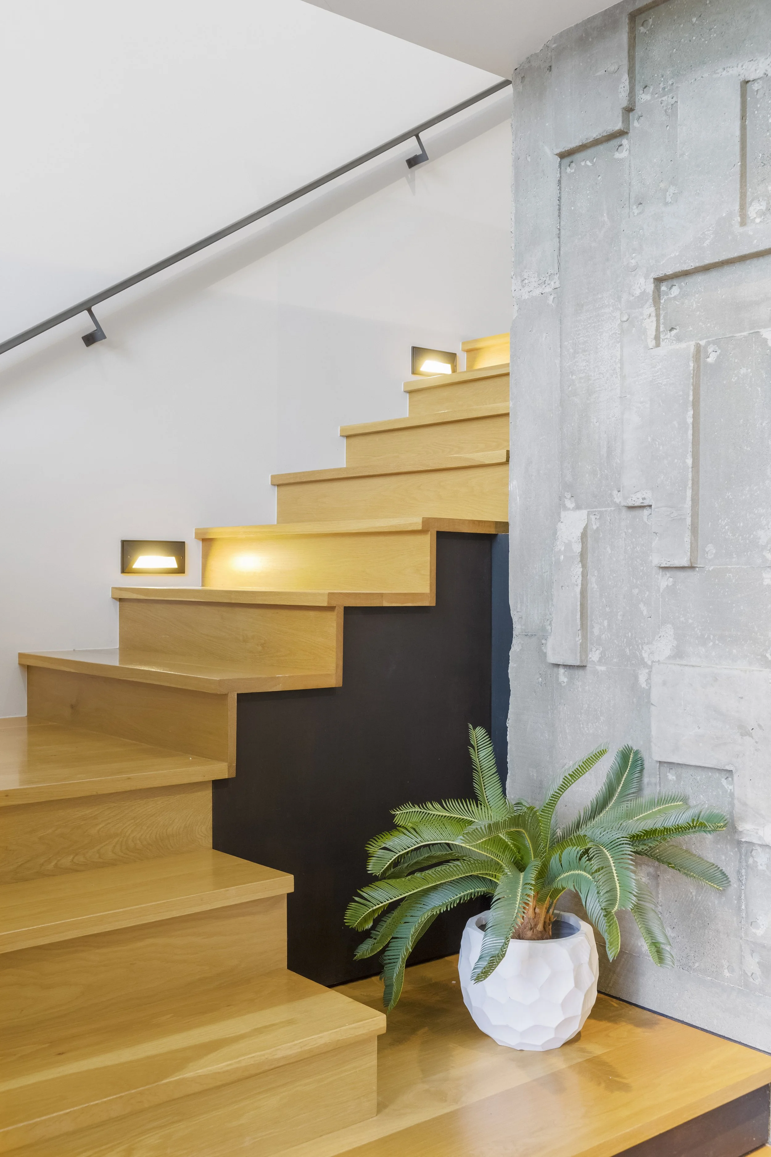 Modern wooden staircase with built-in lights next to a concrete wall and a potted fern on the floor.