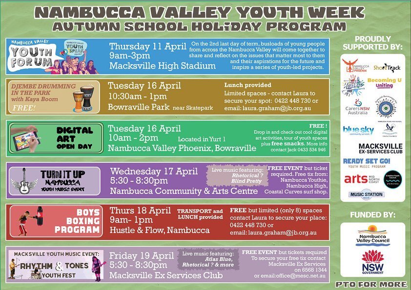 Nambucca Valley Youth Week / Autumn Holiday Break Youth activities are just around the corner. There&rsquo;s many awesome events taking place in the coming weeks thanks to our local agencies. 
Please share around the events calendar to make sure as m