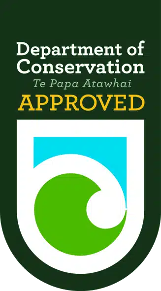 Green badge with white and blue logo, text reads 'Department of Conservation, Te Papa Atawhai, APPROVED'.
