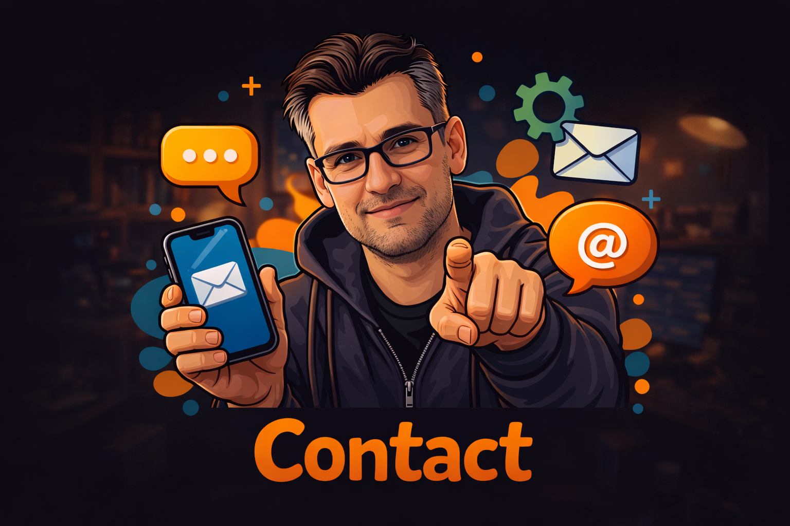 A digitally illustrated man wearing glasses and a black hoodie holding a smartphone with an email icon on the screen, surrounded by social media and communication icons, with the word "Contact" at the bottom.
