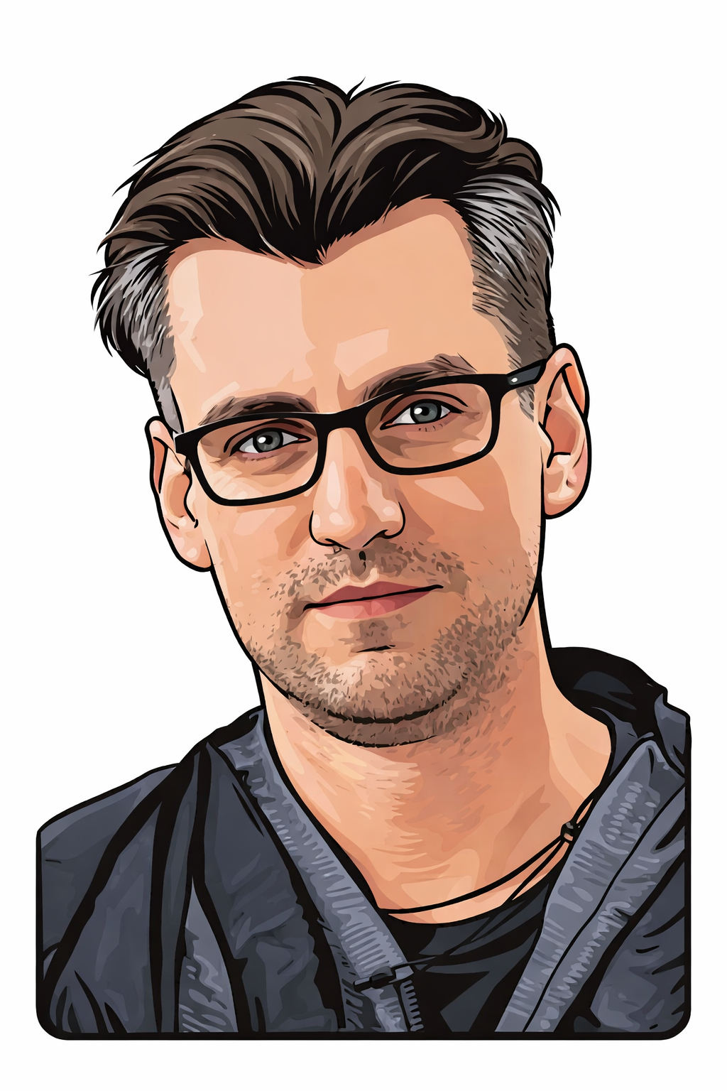 Digital illustration of a man with dark hair, glasses, facial stubble, wearing a dark jacket, and looking at the camera.