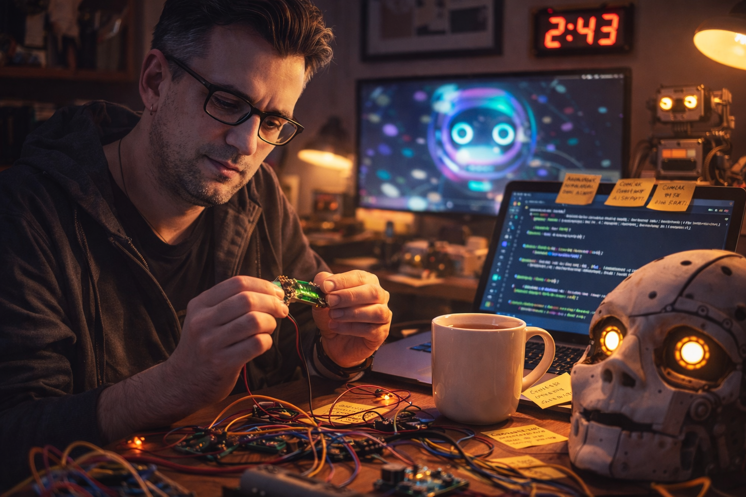 A man working on electronic components at a cluttered desk, with a robot skull, a computer monitor displaying code, and a colorful robot face on a large screen in the background. The scene is dimly lit with warm lighting.