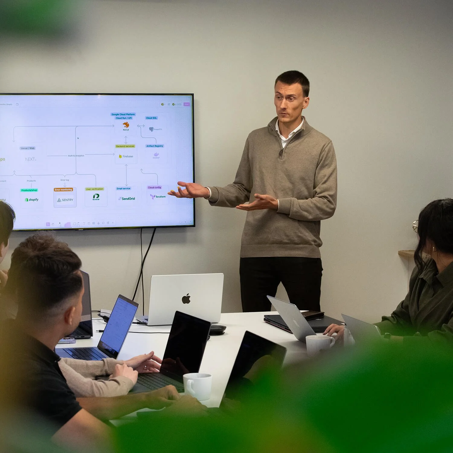 A man is presenting to a group of people in a meeting. There is a large screen behind him with a diagram outline. The audience is sitting in front of laptops and notepads.