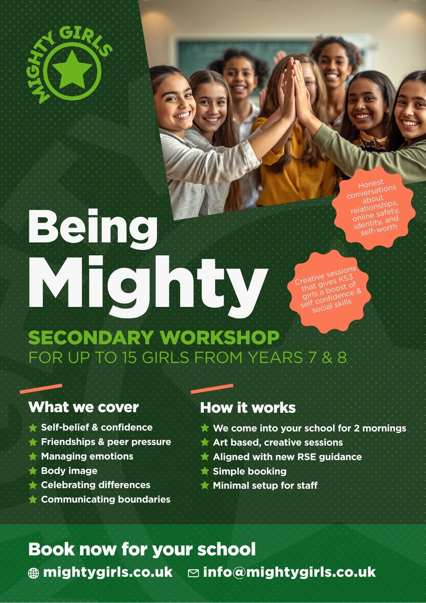 A group of diverse girls smiling and giving high fives in a classroom with a green overlay and various informational text about a secondary workshop for girls.