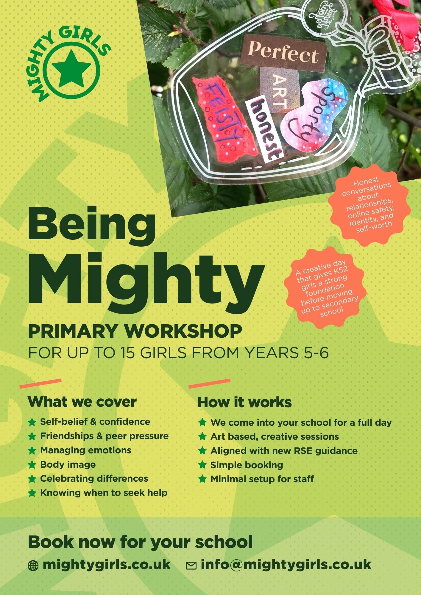 Flyer for a primary workshop called "Being Mighty" for girls aged 5-6, promoting self-belief, confidence, friendships, managing emotions, and body image. It includes session details, why to book, and contact information for Mighty Girls.
