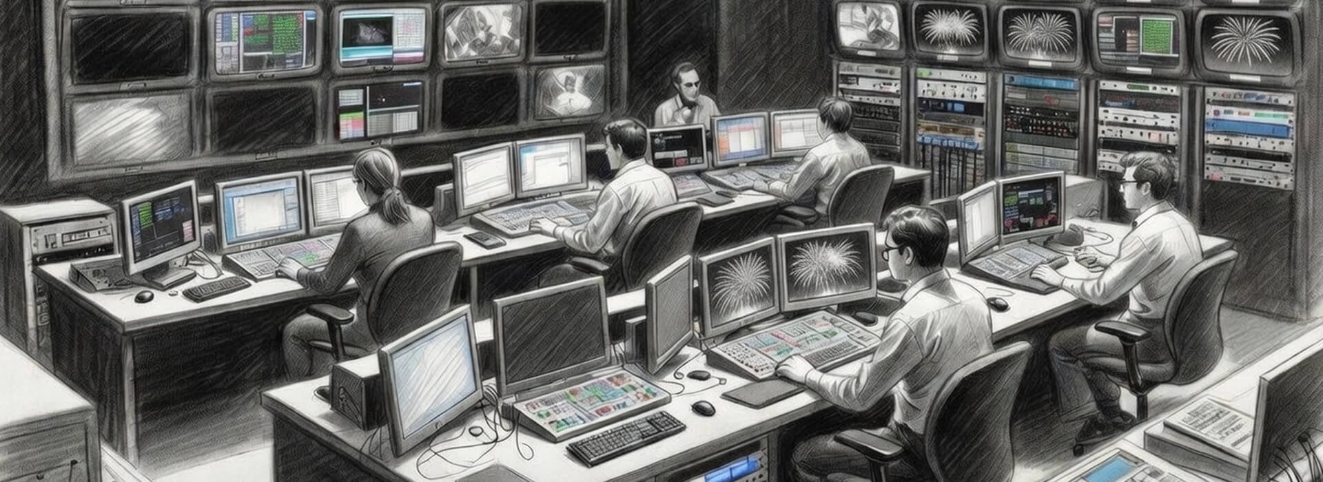 Pencil sketch of high-tech control room: professionals at multi-monitor desks showing graphs, code, videos, fireworks patterns. Overhead screens and server racks suggest mission control or cybersecurity hub.