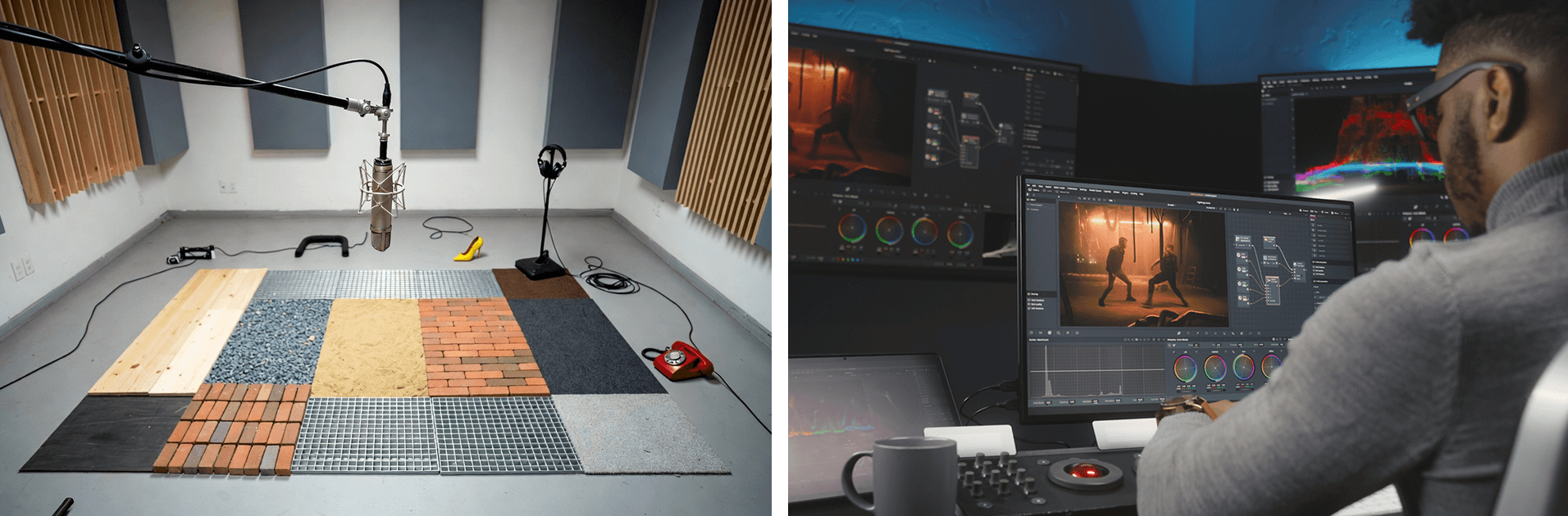 Split image of video sensory techniques: left, Foley studio with mics over textures and props; right, colour grading workstation with editor at monitors.