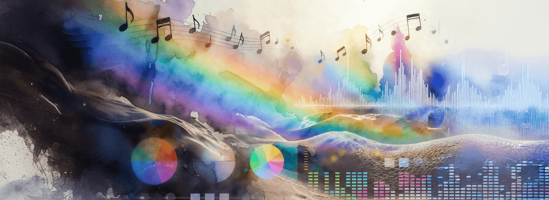 Watercolor abstract illustration evoking synesthesia: rainbow hues blending with musical notes, audio waveforms, color wheels, and flowing textures, symbolizing sensory fusion in brand video production