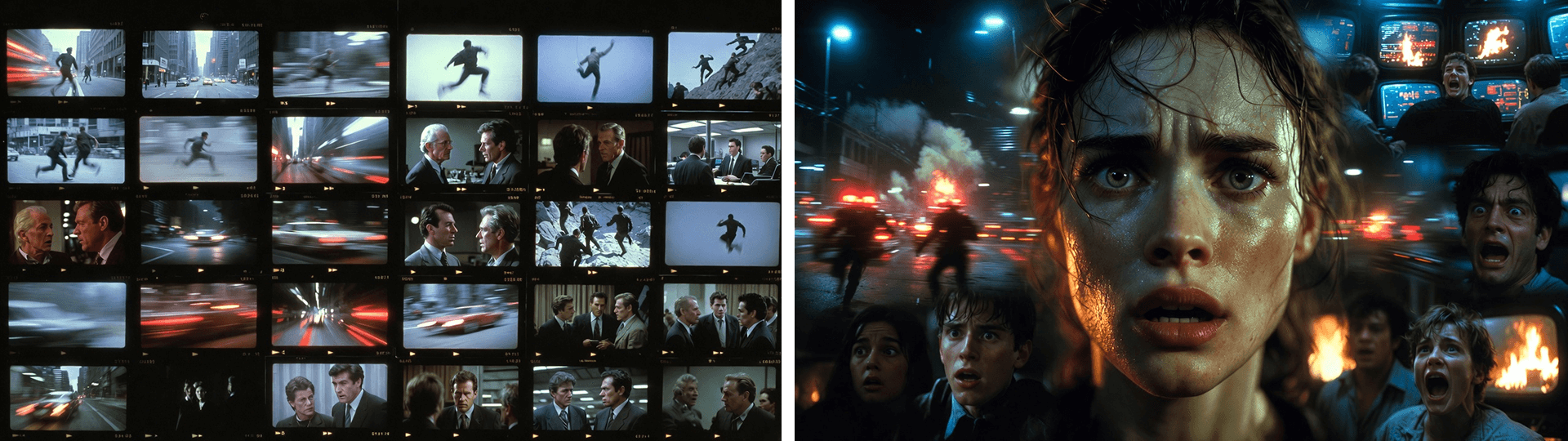 Side-by-side collage: left shows film strip montage of rapid action cuts and tense scenes; right features intense close-up of a fearful woman amid chaotic explosions and panicked faces, illustrating high-energy editing.