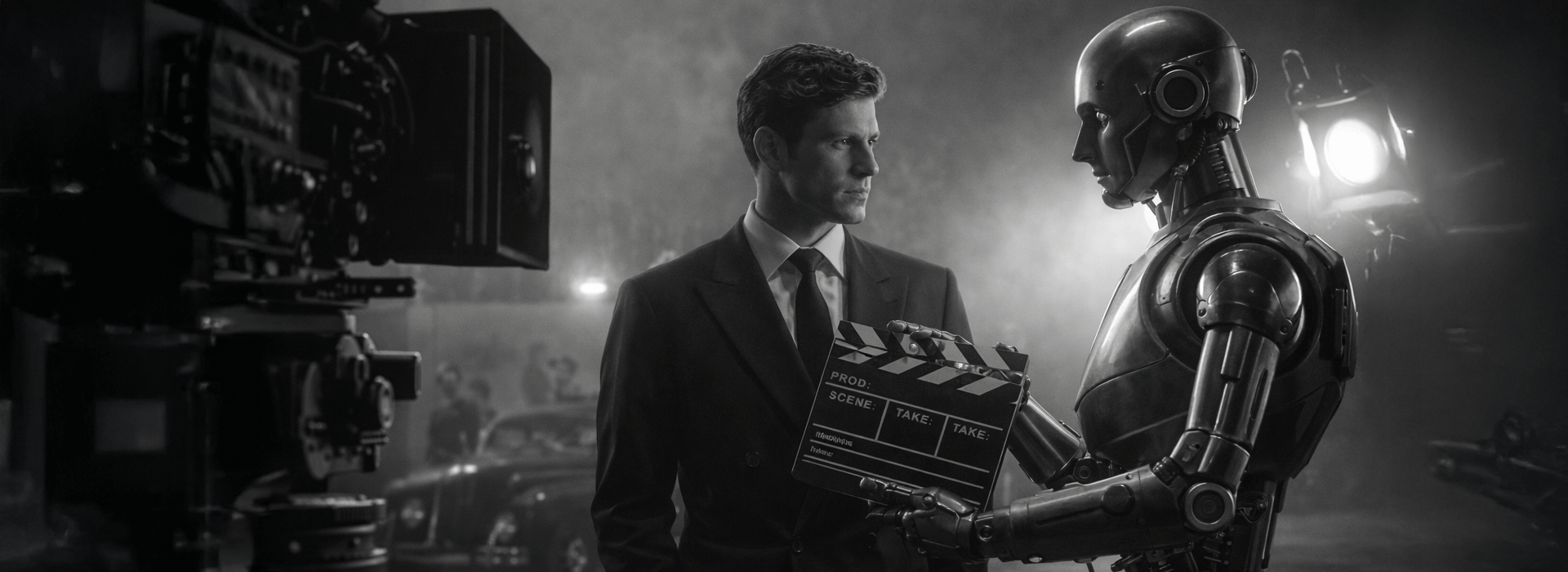 A human actor and a humanoid robot face each other on a film set, with the robot holding a clapperboard, symbolising AI assisting rather than replacing performance.