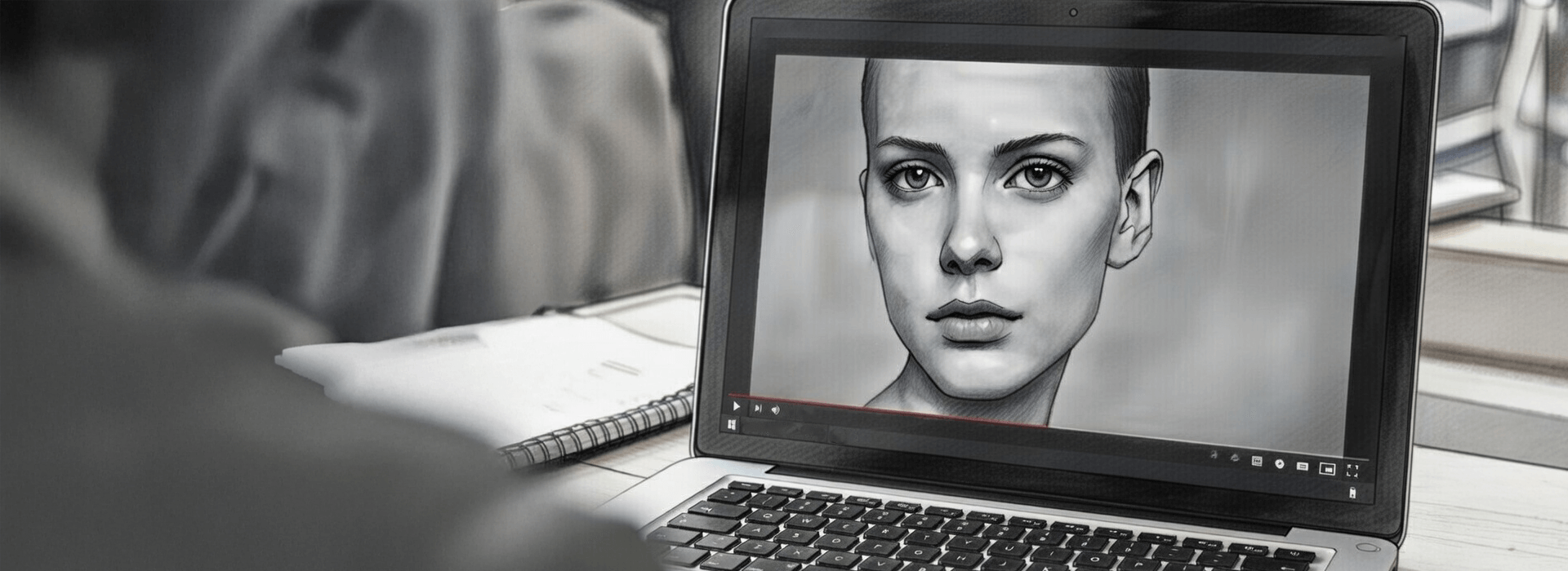 Laptop showing a paused video portrait with a timeline, beside an open notebook on a desk.