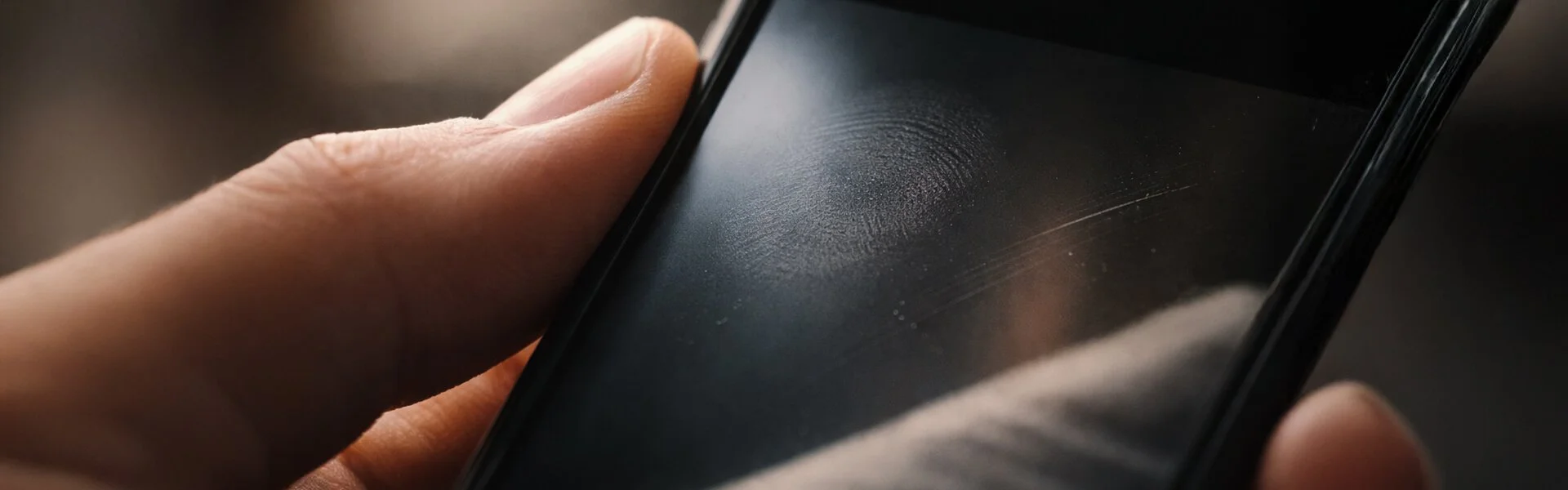 Macro close-up showing a thumbprint and fine scratches on a smooth surface.