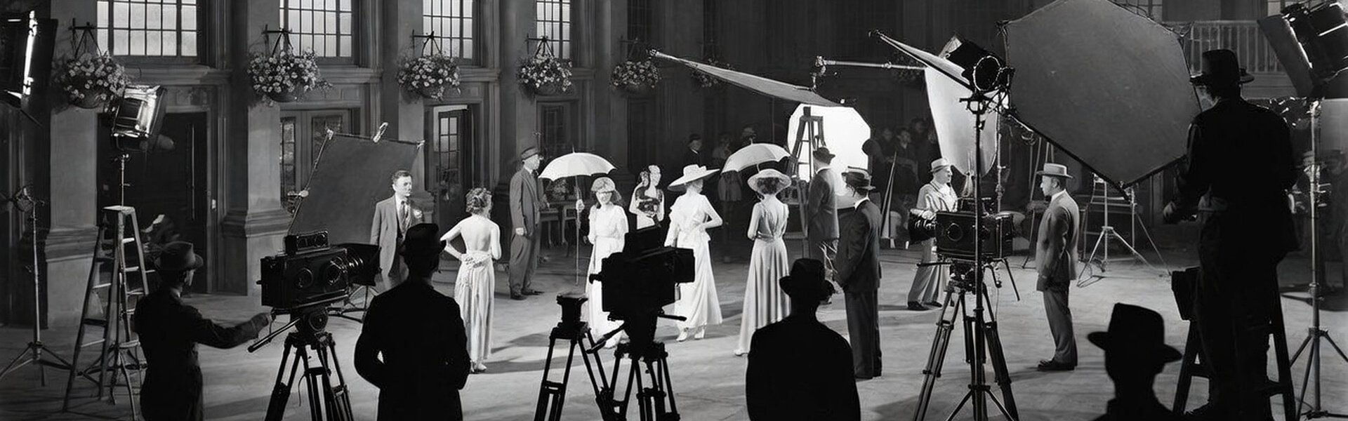 Black-and-white scene of a classic Hollywood film set with actors, large studio lights, and early cinema cameras during a staged shoot.