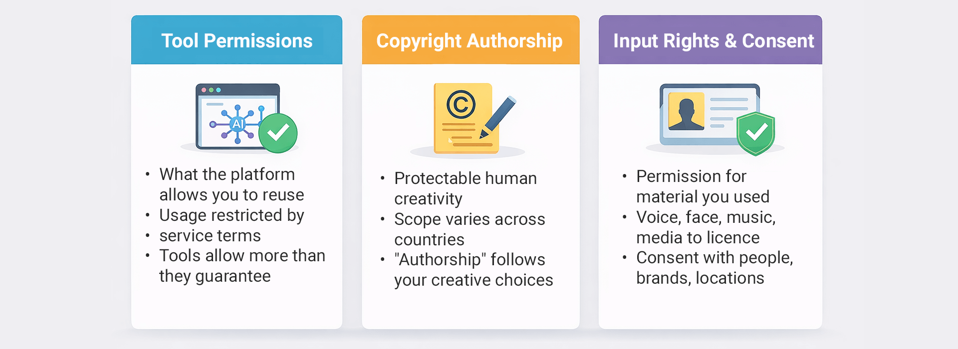 Three-panel graphic showing tool permissions, copyright authorship, and input rights and consent in AI-assisted video work.