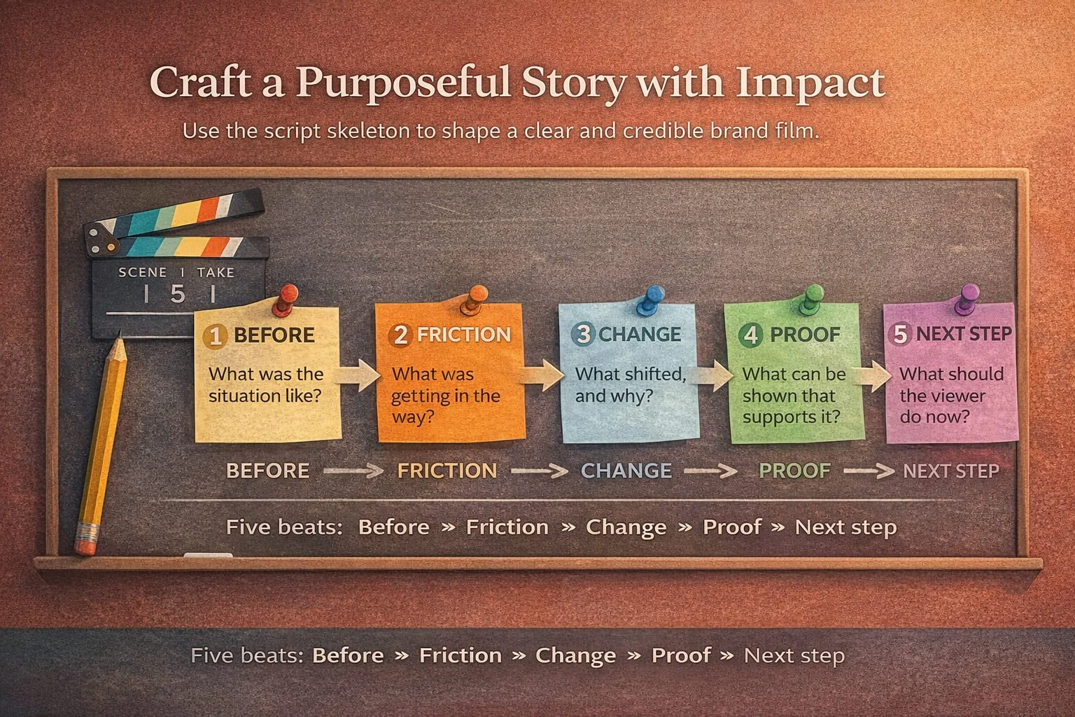 Infographic showing a five beat story arc for brand video, before, friction, change, proof, next step