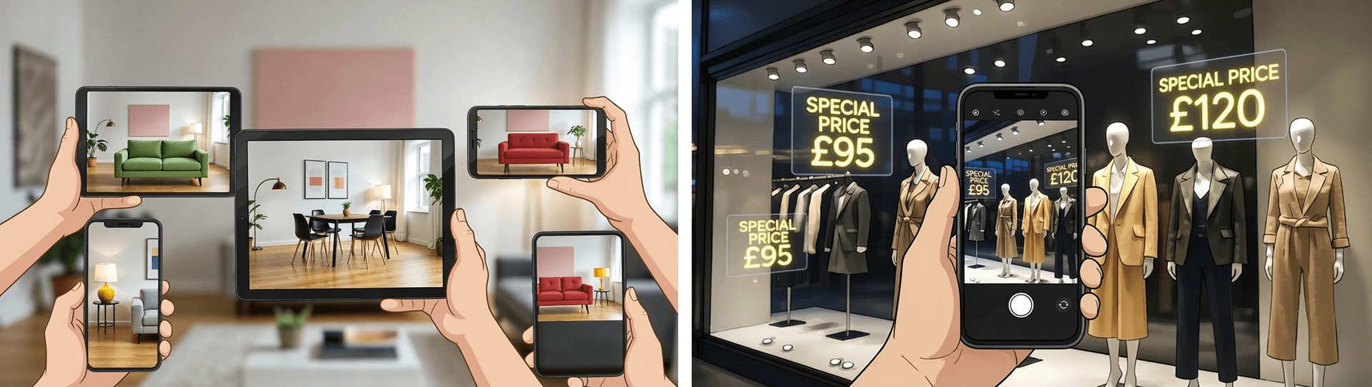 Split illustration of augmented reality in action: left shows virtual furniture placement on devices; right displays AR price tags on shop window mannequins.