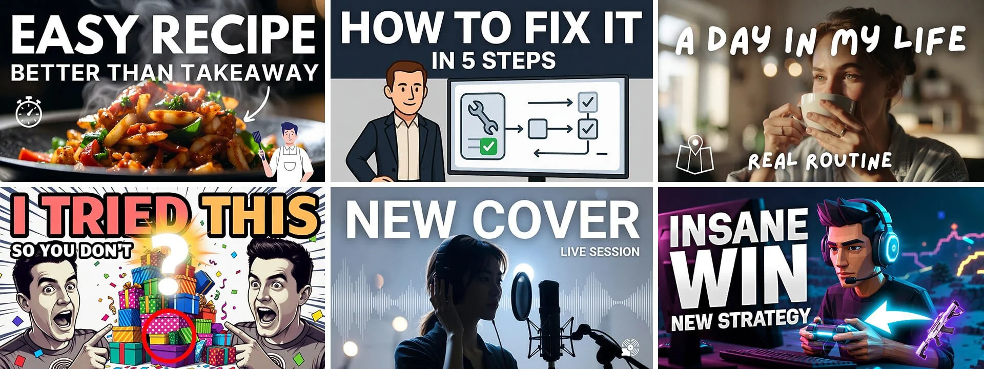 A collage of six YouTube style thumbnails showing gaming, music, entertainment, lifestyle, tutorial and food video categories.