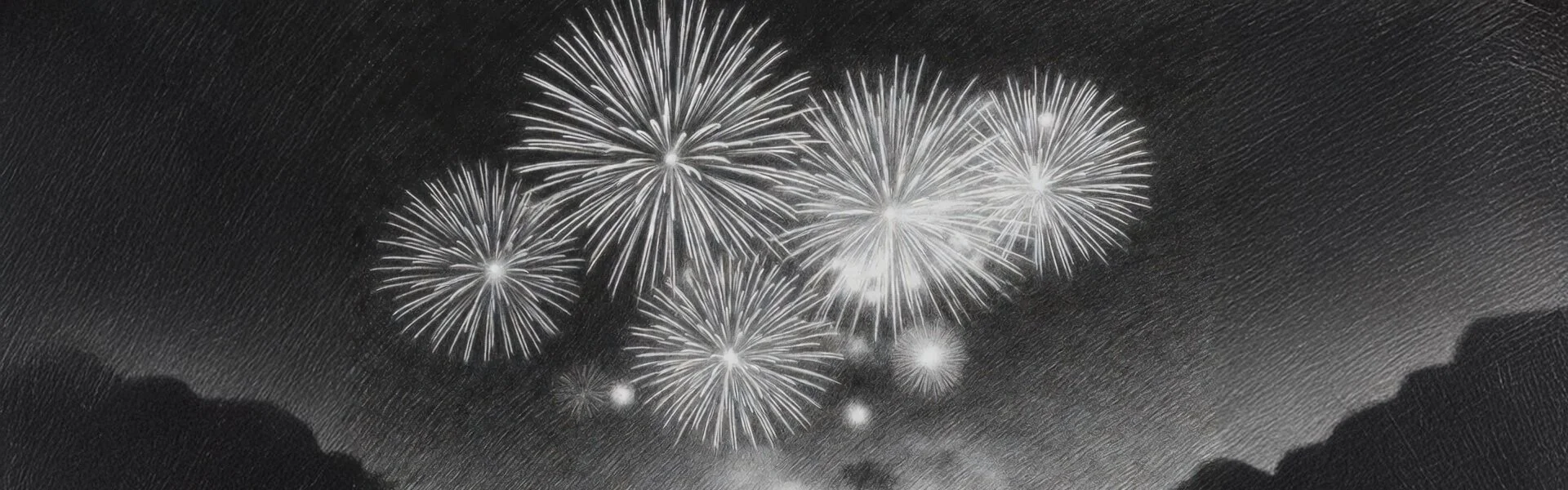 Pencil sketch of bursting fireworks illuminating a dark night sky over silhouetted hills.