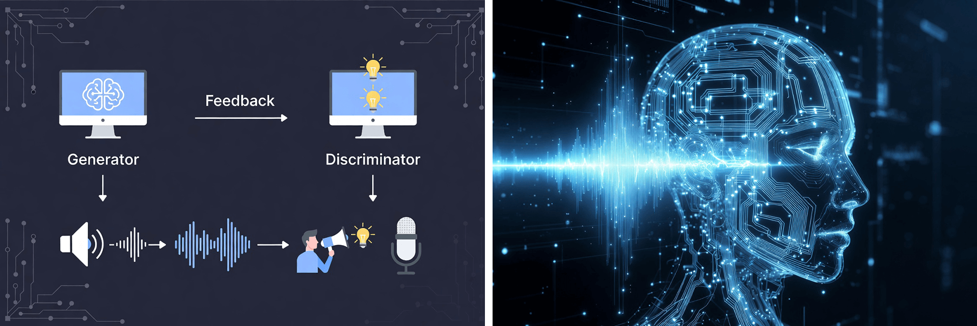 Diagram showing how synthetic voice is generated, alongside an audio waveform and digital head illustration.