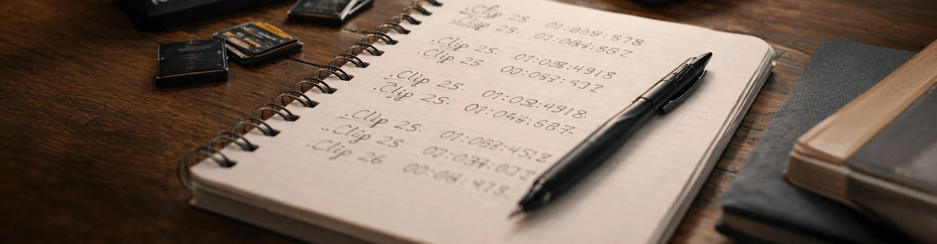 Notebook with handwritten clip notes and timecodes on a desk beside memory cards and a clapperboard, suggesting proof built from multiple signals.