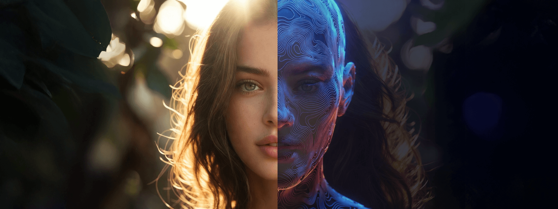 Split portrait of a young woman: left half natural in golden-hour sunlight, right half transformed into glowing blue topographic digital scan, symbolising human performer and their synthetic likeness.