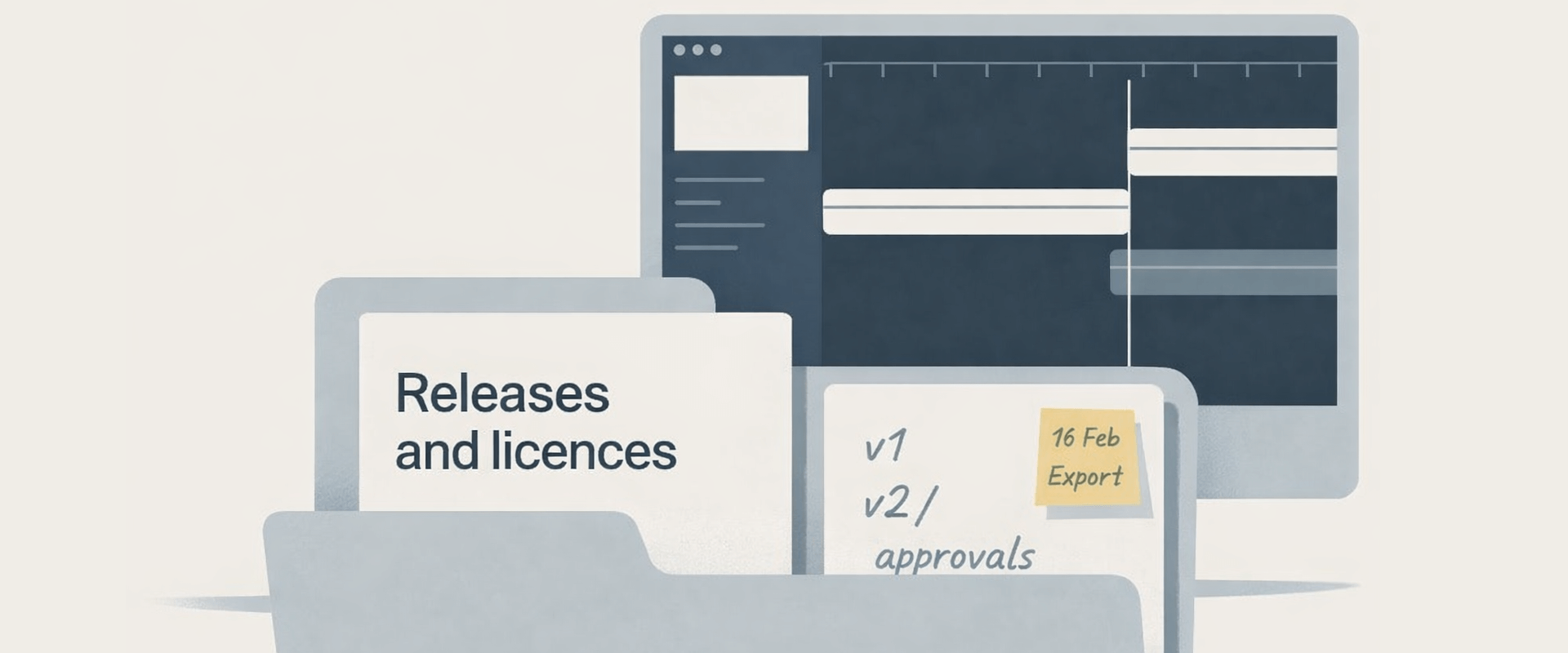 Illustration of an editing timeline with a folder labelled releases and licences and a note showing version approvals.