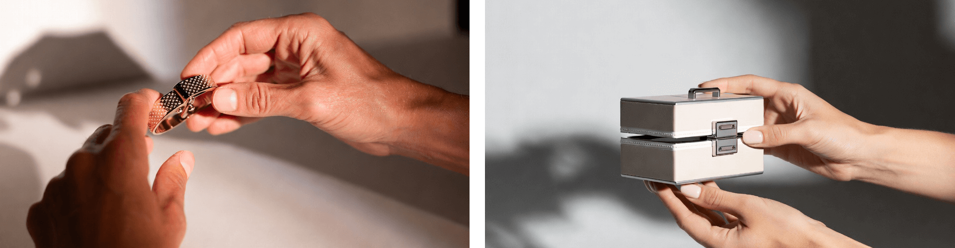 Luxury brand ASMR triggers: close-up of hands delicately fastening a textured bracelet and opening an elegant jewellery box, showcasing precise clicks and material rustles in relaxing video production