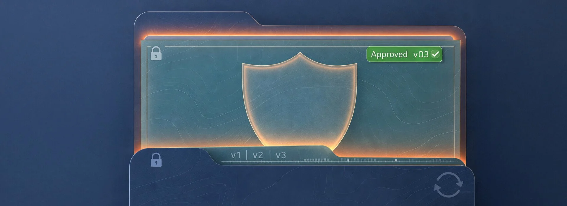 Folder-style panels with locks, a shield, and an “Approved v03” tag, suggesting version control and controlled reuse of project files