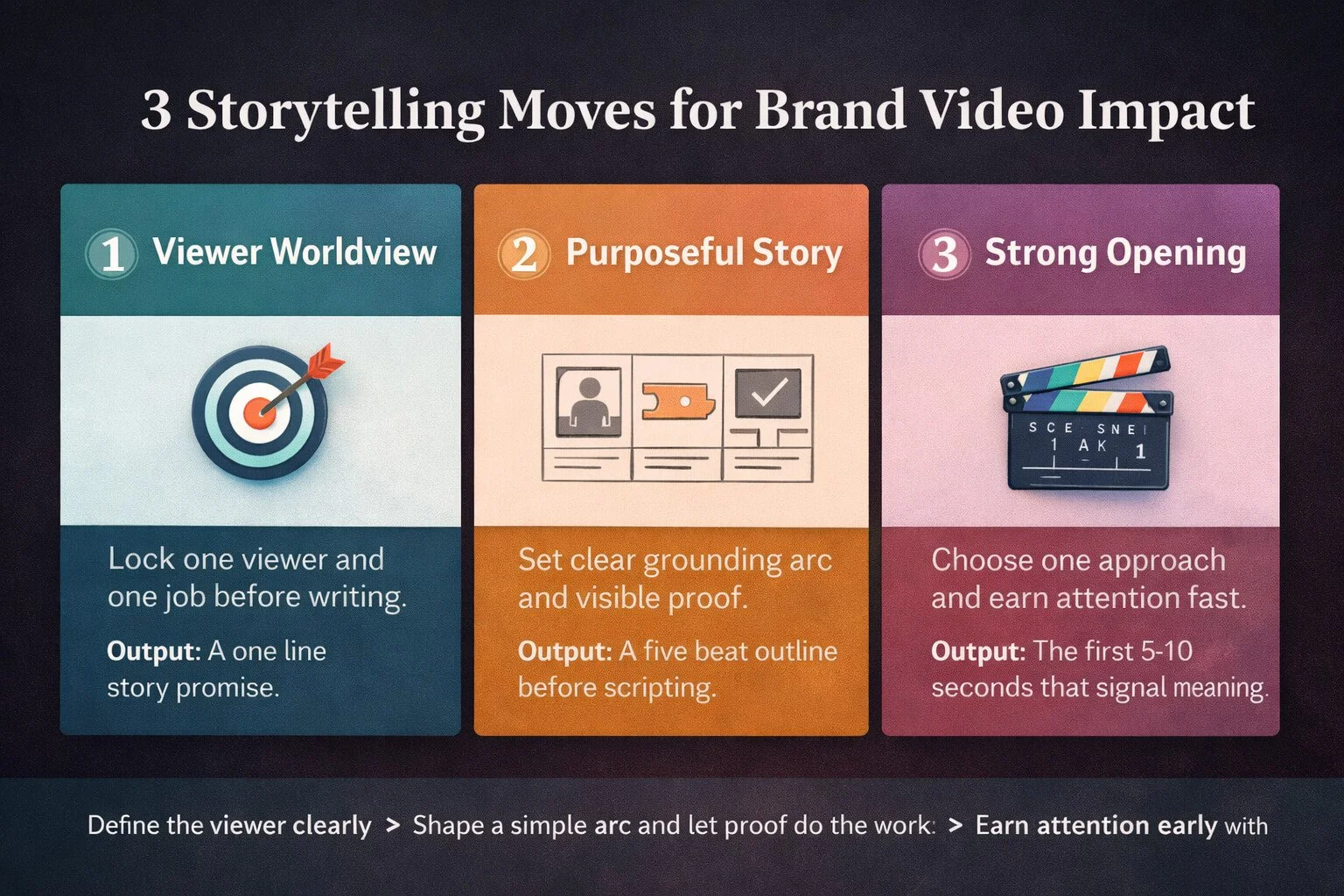 Infographic showing three storytelling moves for brand video impact, viewer worldview, purposeful story, strong opening