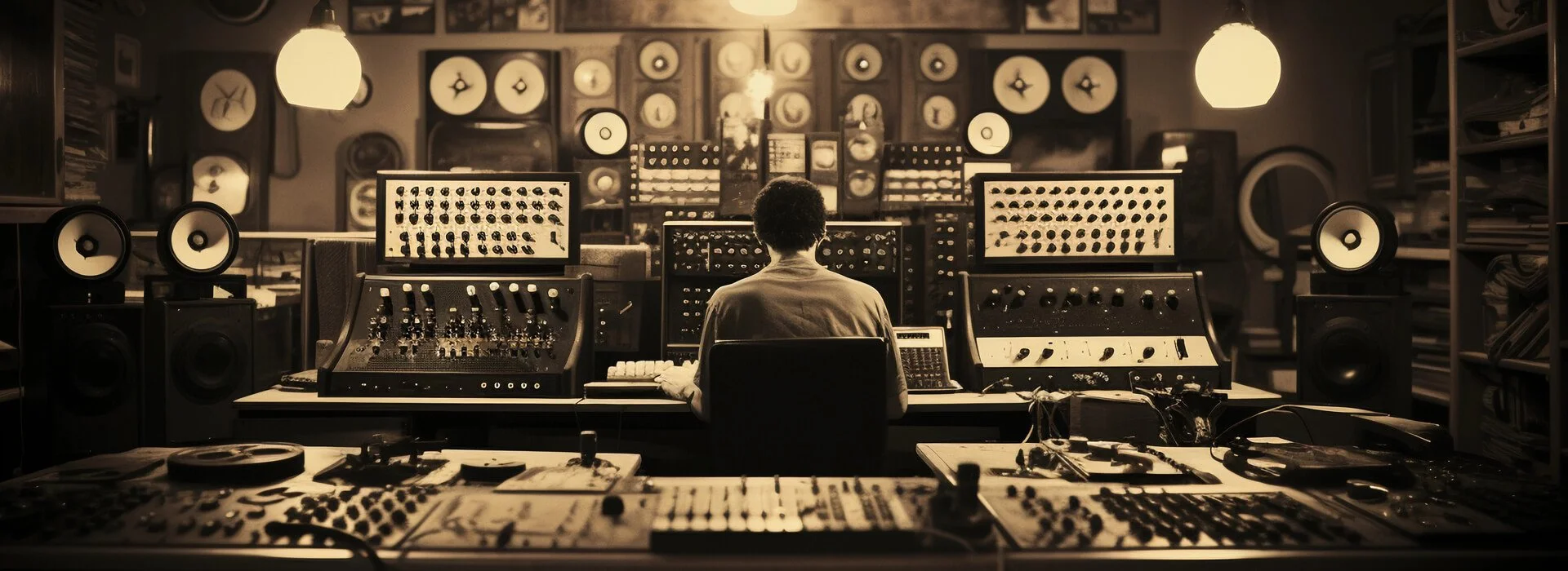 Vintage recording studio control room with mixing consoles and speakers, representing sound design craft.