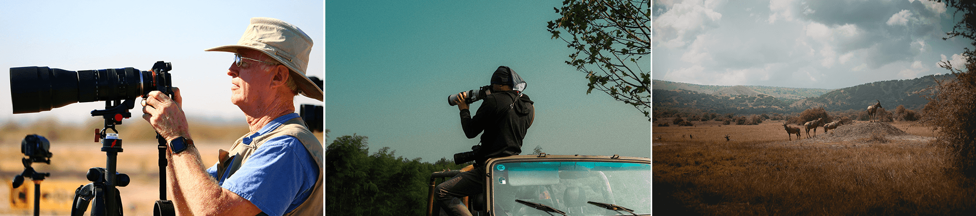 Three-panel collage of wildlife filmmakers in African savanna using minimal gear and vehicles, with distant giraffes, exemplifying sustainable travel video production.