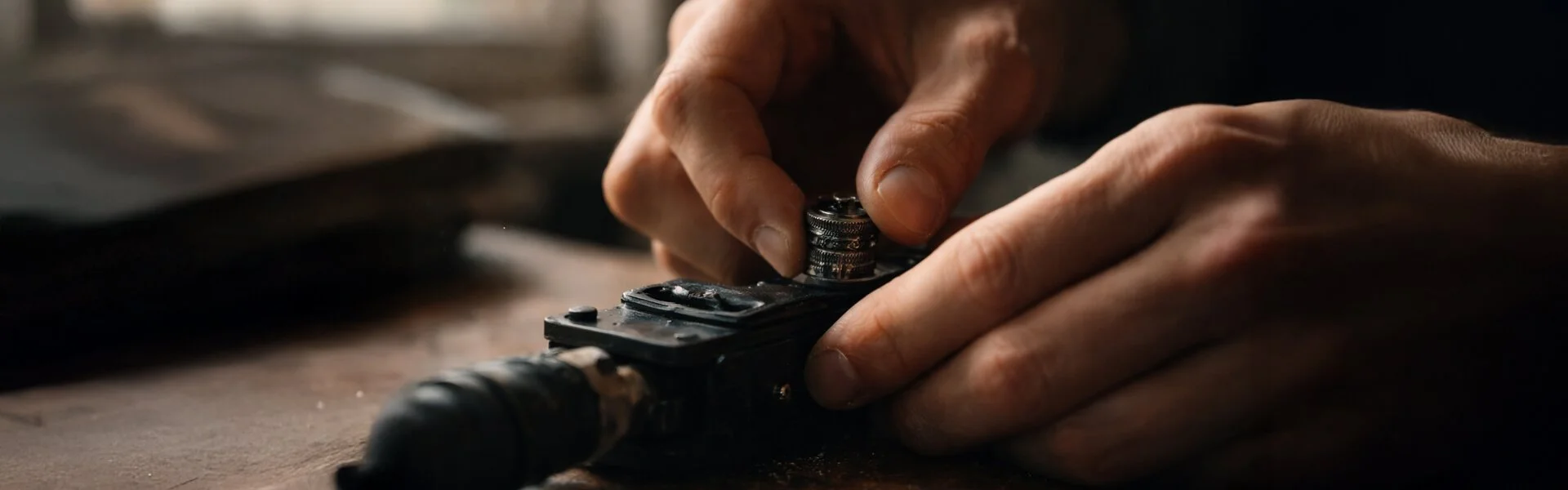 Close-up of hands turning a small metal knob on a device, showing careful effort.