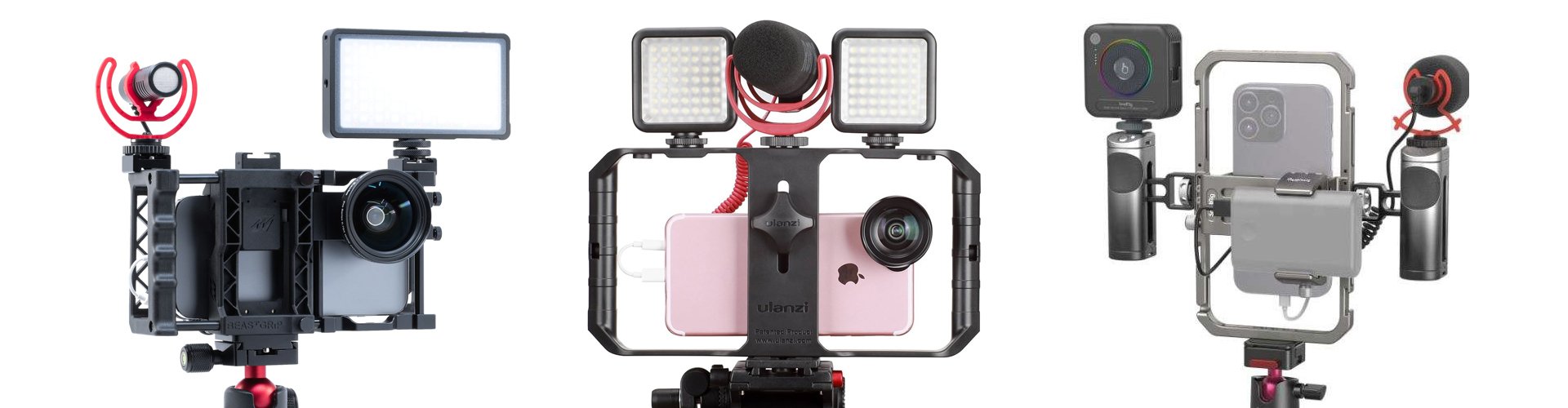 Three smartphone cages rigged with lights, a shotgun mic and a lens adapter, shown as the loaded setup rather than the outdoor grab.