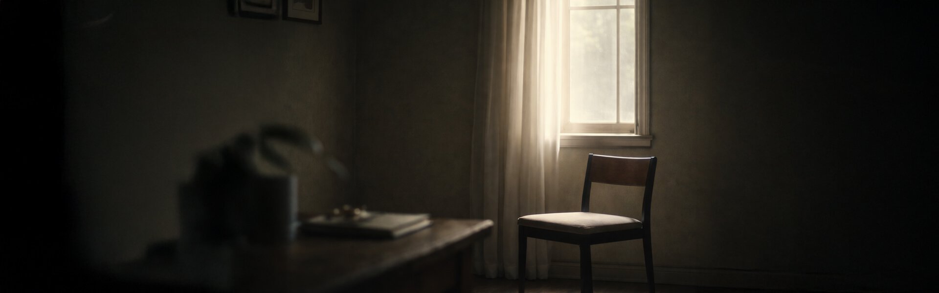 Quiet room with a chair by a window, sunlight and dust motes suggesting a pause.