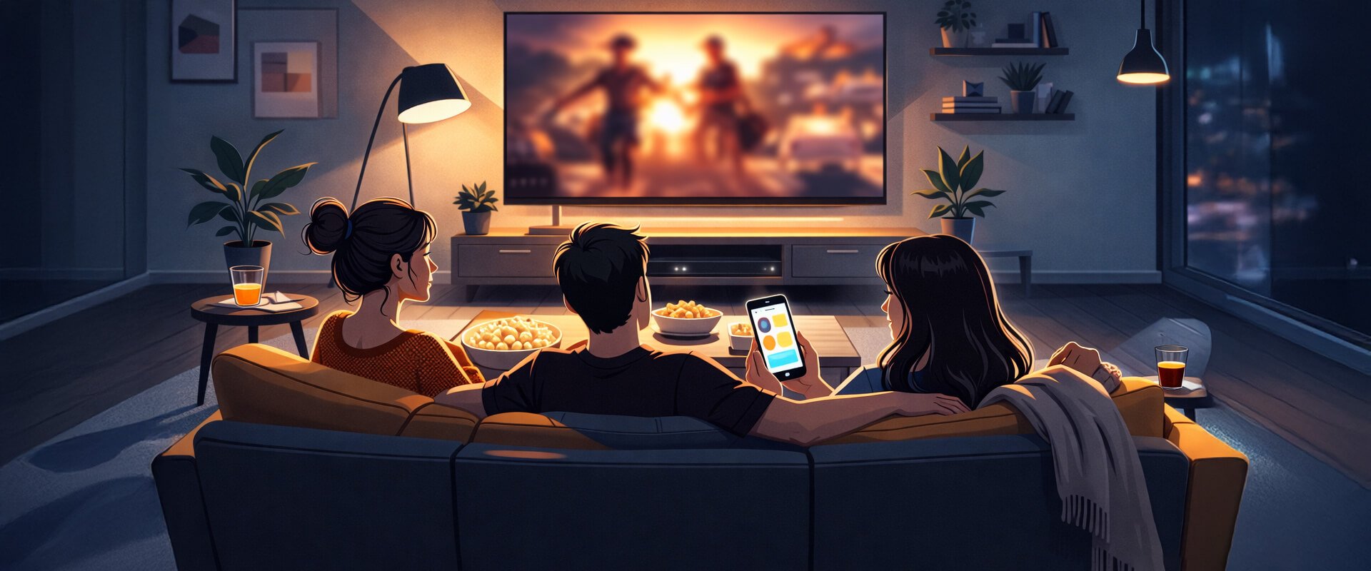 People watching a film on a television while one person looks at a smartphone, illustrating second-screen distraction during streaming.