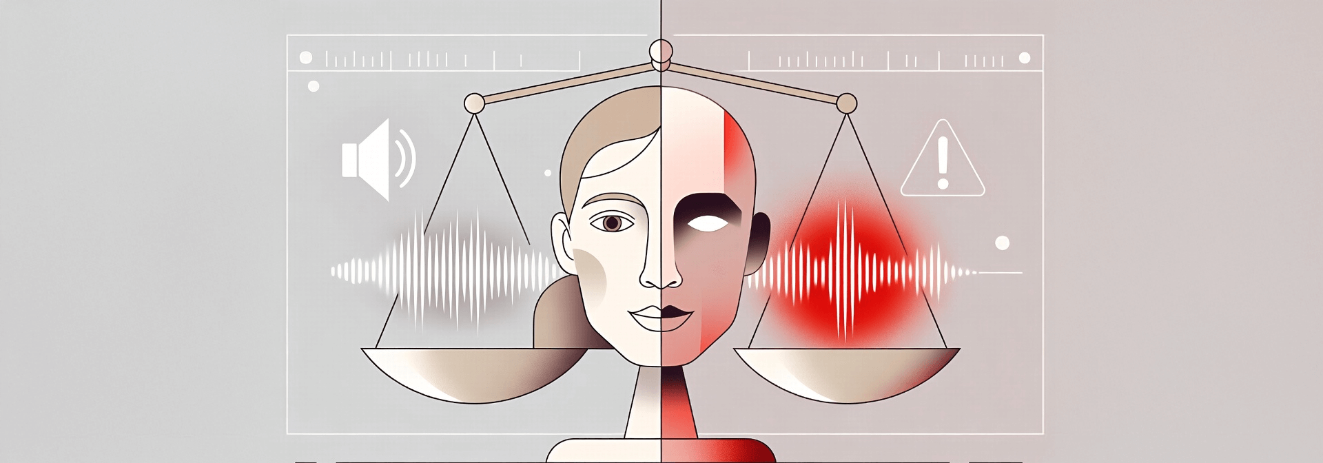 Illustration showing a split human and synthetic face balanced on scales, representing ethical tensions in AI-generated voice and identity