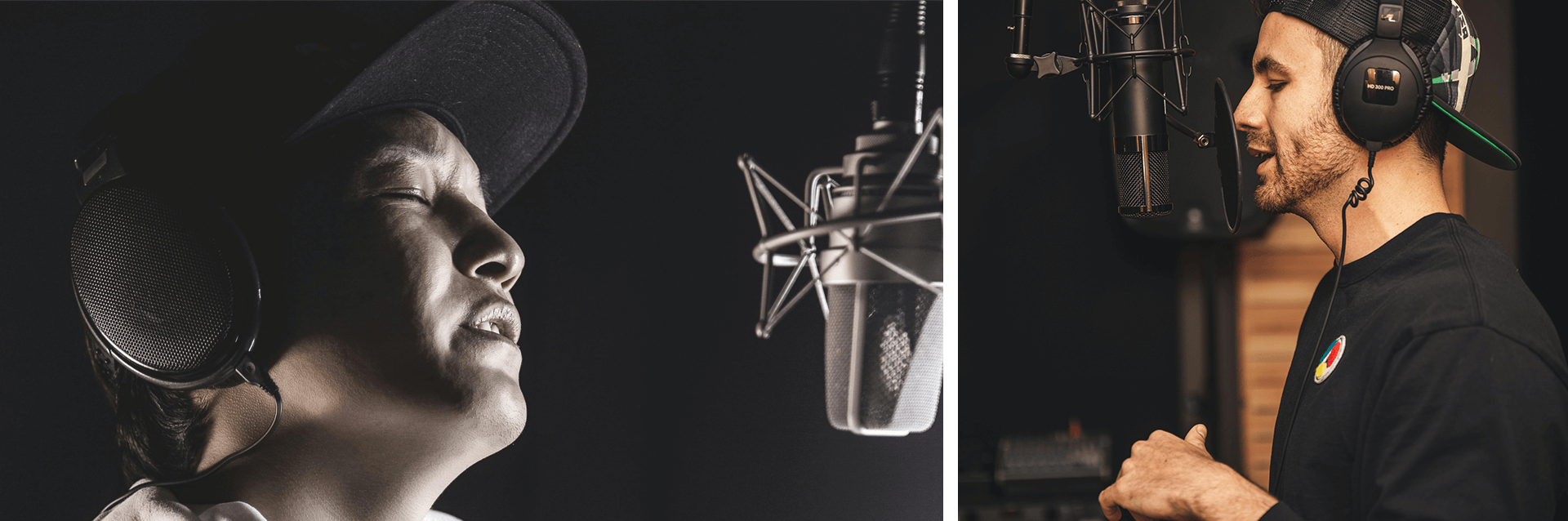 Two voice actors recording in professional studios – one in black and white close-up with headphones, the other in colour smiling at the microphone.