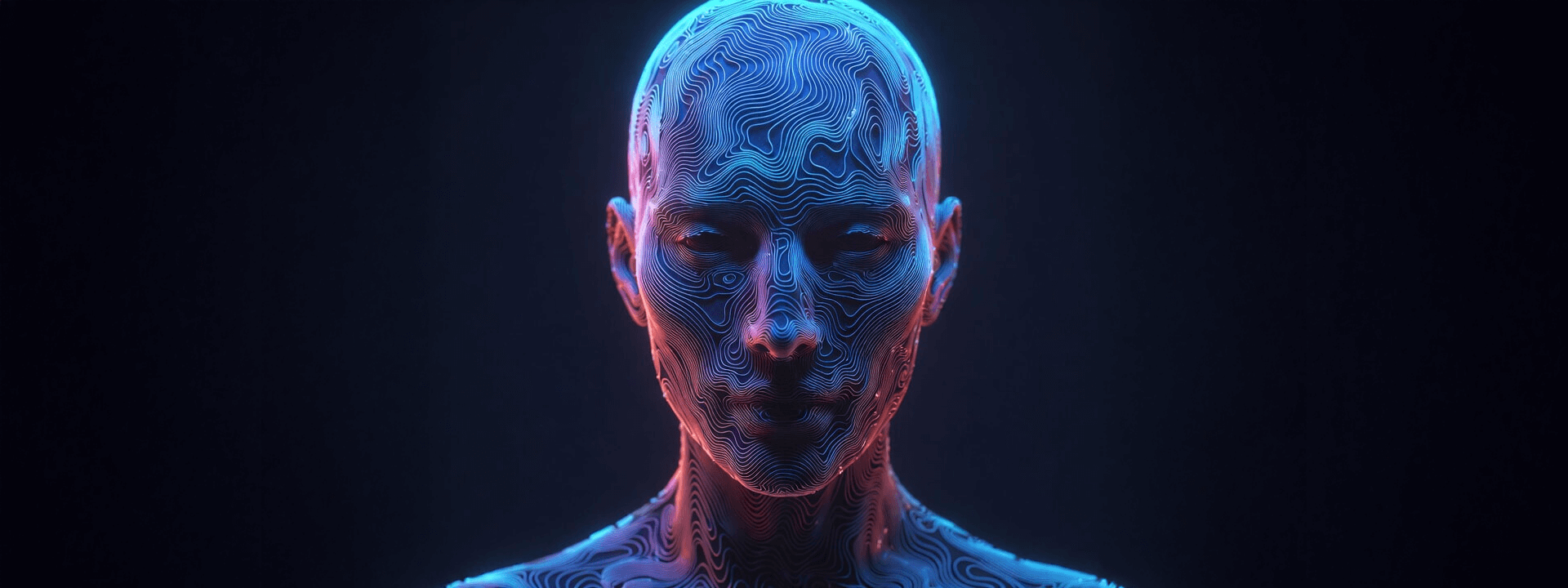 Abstract digital portrait of a human head mapped with glowing blue topographic contour lines, symbolising the scanning and licensing of performer likeness as eternal intellectual property.
